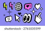 3D pixel stickers in retro 8-bit Y2K style. Cool emoji and UI icons. Cursor, hand, heart, smile, globe, eyes and lightning. Trendy digital set for social media, apps and messaging design