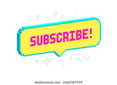 3D Pixel Subscribe Button – Retro 8-Bit Speech Bubble Icon for Social Media Channels. Bright pixel art “Subscribe!” button in 8-bit retro game style with bold colors and 3D effect. Editable vector
