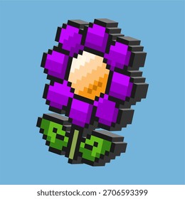 3D Pixel Tulip Flower in Voxel Cube Style. Colorful 3D pixel tulip flower with purple petals, yellow center, and green leaves created in vibrant voxel cube style for digital floral artwork