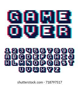 3d pixel video game 8 bit font. Poster typeface with shadow 3d effect. Set of retro style latin capital letters and numbers. Vector illustration font.