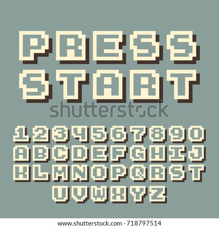 3d pixel video game 8 bit font. Poster typeface with shadow 3d effect. Set of retro style latin capital letters and numbers. Vector illustration font.