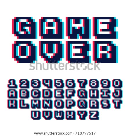 3d pixel video game 8 bit font. Poster typeface with shadow 3d effect. Set of retro style latin capital letters and numbers. Vector illustration font.