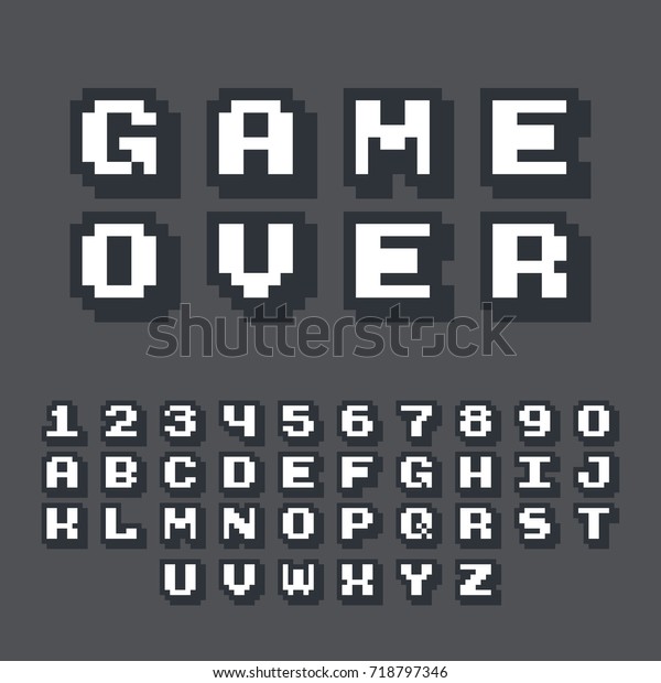 3d pixel video game 8 bit font. Poster
typeface with shadow 3d effect. Set of retro style latin capital
letters and numbers. Vector illustration
font.