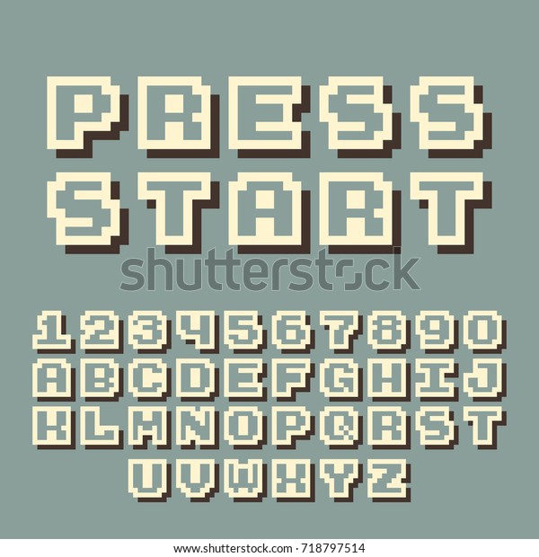 3dピクセルビデオゲームの8ビットフォント 影3d効果の付いたポスターの書体 レトロなスタイルのラテン文字と数字のセット ベクターイラストのフォント のベクター画像素材 ロイヤリティフリー
