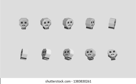 3D pixel white skull rotating