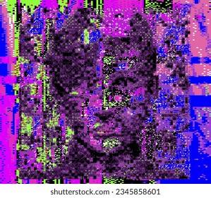 3D pixelated face of a robotic human head. Vector 8-bit style illustration.