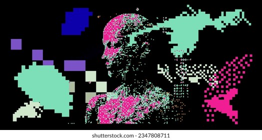 3D pixelated face of a robotic human head. Vector 8-bit style illustration.