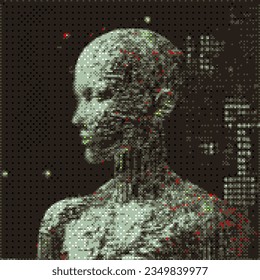 3D pixeliges Gesicht eines robotischen menschlichen Kopfes. Vektorgrafik mit 8-Bit-Stil.