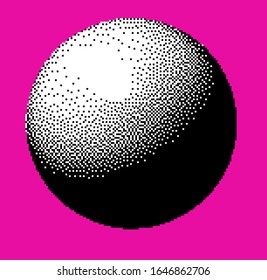 3D pixelated sphere on pink background. Retro aesthetics of 80's.