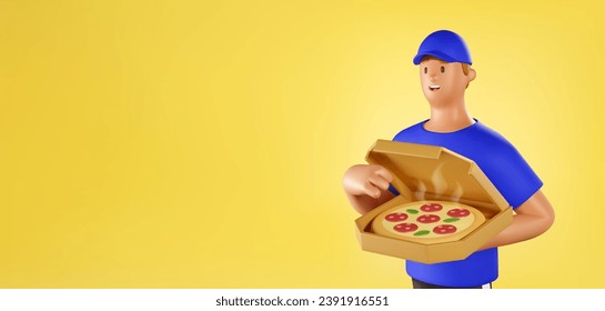 3D Pizza deliveryman Vector Banner. Cartoon Male Character of Сourier holding a box of pizza on yellow background