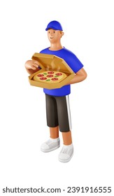 3D Pizza deliveryman Vector Illustration. Cartoon Male Character of Сourier holding a box of pizza
