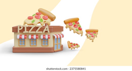 3D pizzeria building, huge pieces of hot pizza with melted cheese and sausage. Appetizing creative concept. Advertising on colored background. Creative commercial design