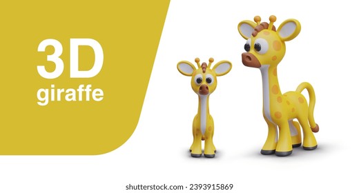 3d placard with big and small giraffes. African animal family. Cute yellow animals for online game. Vector illustration in 3D style with place for text