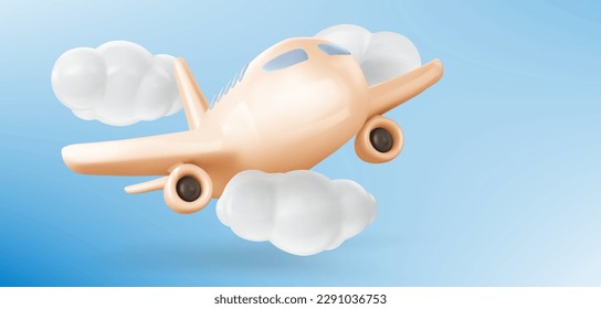 3d plane in air. Concept of travel, flight, trip with aeroplane in sky with white clouds. Vector cartoon illustration with commercial jet, aircraft flying in blue sky