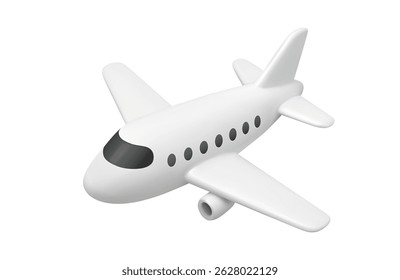 Plano 3D. Cartoon avião voando no céu, brinquedo branco bonito da aeronave, jato para a aviação, viagem e reserva, conceito do turismo. Ilustração isolada de renderização realista de vetor.