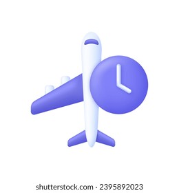 3D Plane is delayed illustration. Timer and air plane icon. Concept of information icon for airline or terminal board. Travel icon. Trendy and modern vector in 3d style.