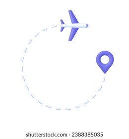 3D Plane flying over the world illustration. Airplane route illustration. Travel from the starting point to the location pin. Travel icon. Trendy and modern vector in 3d style.
