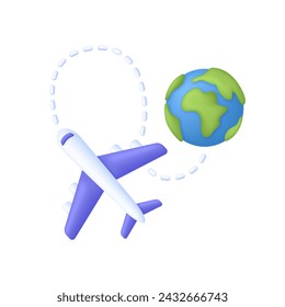 3D Plane flying over the world illustration. Travel around the world. Trendy and modern vector in 3d style