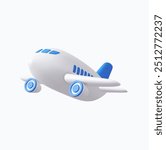 3d plane icon. Jet flight and travel model. Aeroplane with wing and engine worldwide delivery, vacation tourism. 3d rendering. Vector illustration