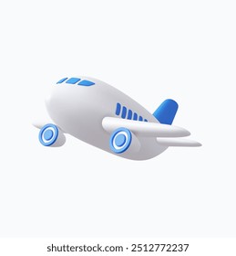 Icono de plano 3D. Vuelo a reacción y modelo de viaje. Avión con ala y motor de entrega mundial, turismo de vacaciones. Renderización 3D. Ilustración vectorial