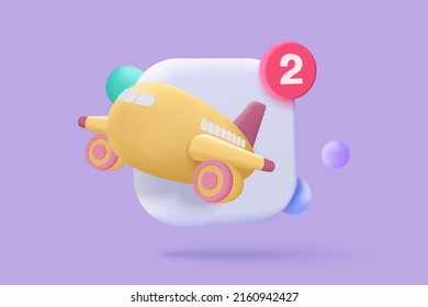 Icono de avión 3D con burbuja de voz de alerta de notificación, concepto de caricatura de comentarios de conversación social en línea, icono de aplicación de avión, chat con medios sociales. Ilustración vectorial de recordatorio 3d