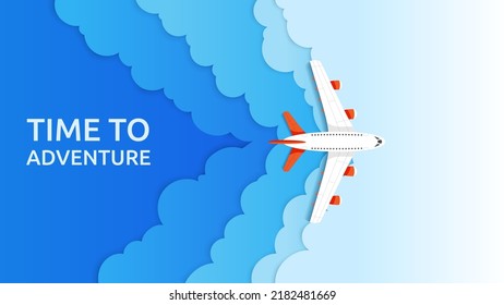 3d plane paper art. Travel flight in sky, business aviation in clouds, world vacation trip with air wings. Horizontal banner, aerial transport. Summer vacations vector design concept