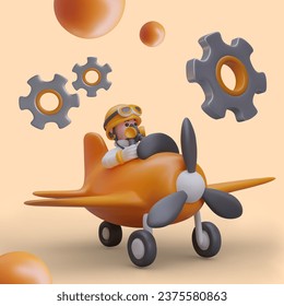 3D plane with pilot, giant gears. Concept of adjustment, repair. Designing, finding right solution. Color vector composition on orange background. Game design