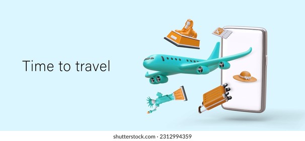 3D plane takes off from smartphone. Isometric tourist accessories, symbols of world architecture. Poster on colored background. All in one phone travel application