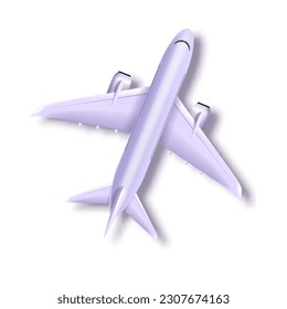 3D plane top view, vector airplane icon, white wing, realistic jet turbines travel aircraft concept. Passenger aviation transport isolated on white, simple aeroplane design element. 3D plane sky sign