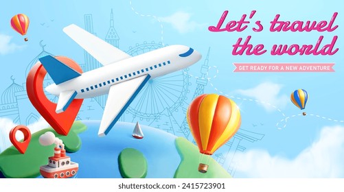 3D Plane traveling across earth on light blue background with line style landmarks.