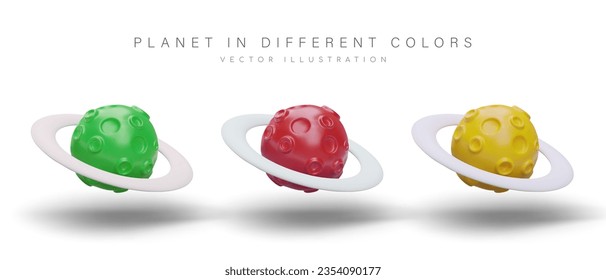 3D planet with craters and orbit. Vector illustrations of red, green, yellow colors. Alien civilization. Space exploration. Set of isolated images on white background
