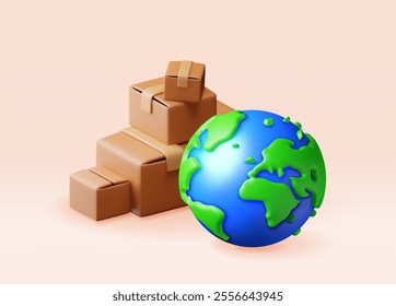 3D planet earth in cardboard box isolated. Render cardboard package with cover. Express worldwide delivery. Carton delivery packaging. Transportation and logistics. Vector illustration