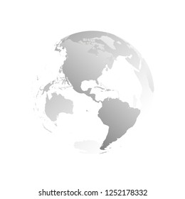 3D planet Earth globe. Transparent sphere with grey land silhouettes. Focused on Americas.