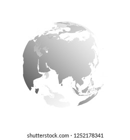 3D planet Earth globe. Transparent sphere with grey land silhouettes. Focused on Asia.
