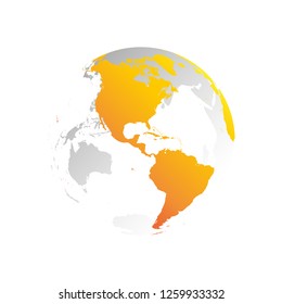 3D planet Earth globe. Transparent sphere with grey land silhouettes. Focused on Americas.