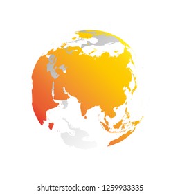 3D planet Earth globe. Transparent sphere with grey land silhouettes. Focused on Asia.