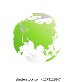 3D planet Earth globe. Transparent sphere with green land silhouettes. Focused on Asia.