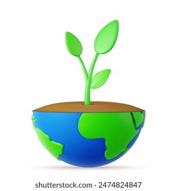 3d planet Earth with green sprout and leaves. Earth day, ecology, nature and environment conservation concept. Save green planet concept. 3d rendering. Vector illustration