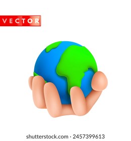 3d planet earth in hand isolated on white background. Plastic icon earth globe for Earth day, world environment day. Vector illustration