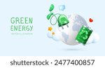 3D planet earth with a recyclable battery and an electrical outlet. Green energy. Renewable energy. Caring for the environment and climate. Vector illustration