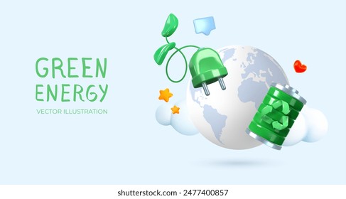 3D planet earth with a recyclable battery and an electrical outlet. Green energy. Renewable energy. Caring for the environment and climate. Vector illustration