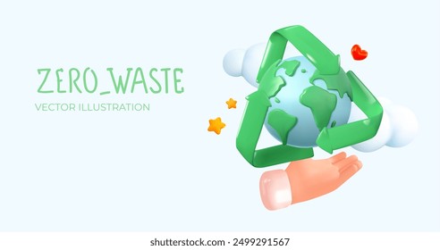 3d planet Earth with recycling sign. Realistic globe. Ecology and zero waste. Eco friendly. Vector illustration