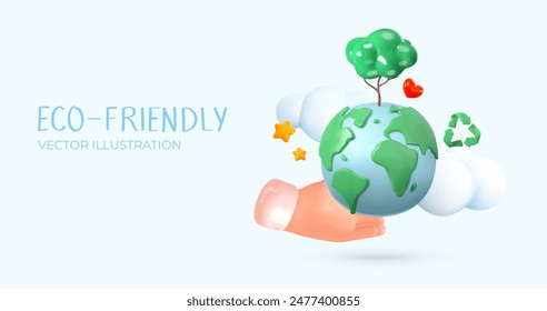 3D planeta tierra con árbol. Una mano sostiene un globo terráqueo. Respetuoso del medio ambiente, reciclaje. Ilustración vectorial