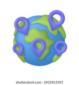 3D Planet with map pins on it. World navigation, choice of travel destination, geographic location, trip or journey planning concept. Trendy and modern vector in 3d style.
