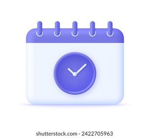 3D Planning schedule illustration. Planning strategy and time management. Time, watch, deadline, date page, remainder. Business event and calendar. Trendy and modern vector in 3d style