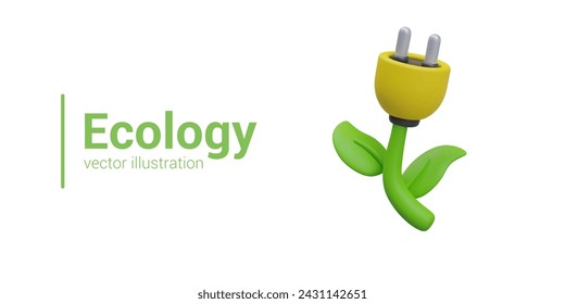 3D plant with electric plug. Green energy sign. Eco power