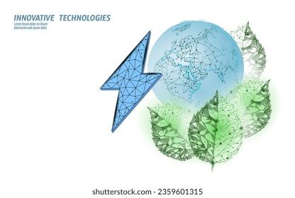 3D plant green lightning saving energy ecology concept. Polygonal light blue sprout eco electricity green energy power banner vector illustration