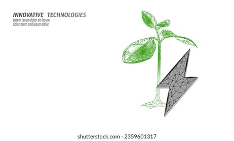 3D plant green lightning saving energy ecology concept. Polygonal light blue sprout eco electricity green energy power banner vector illustration