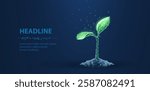 3D Plant on blue background. Sprout Growth, Future Technology, Grow Bio, Soil Seed, Seedling Earth, Agronomy Network, Polygon Green, Vector Sapling, Corn Point, Agriculture Concept.