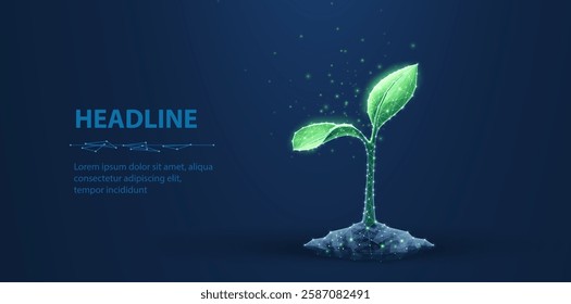 3D Plant on blue background. Sprout Growth, Future Technology, Grow Bio, Soil Seed, Seedling Earth, Agronomy Network, Polygon Green, Vector Sapling, Corn Point, Agriculture Concept.